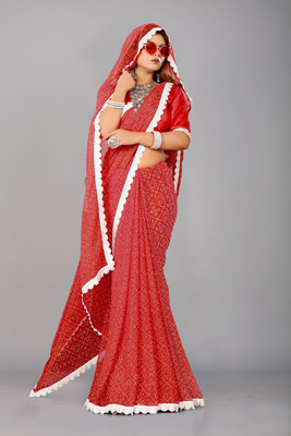 Georgette Saree Printed Bandhani Chiffon, Georgette Saree(Red)
