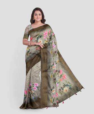 Ritutex Floral Print Daily Wear Cotton Blend Saree(Grey)