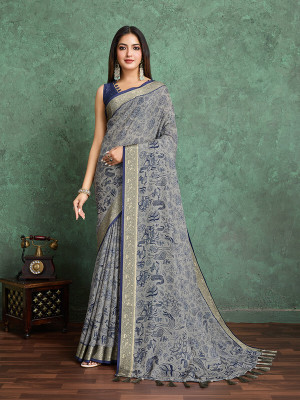 Divastri Floral Print, Printed, Woven Bollywood Crepe Saree(Blue)