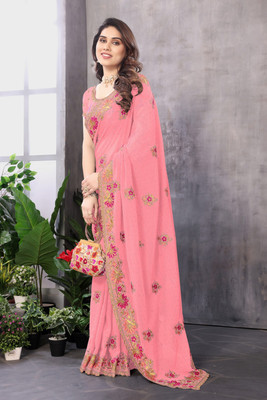 KB DESIGNER Embroidered, Floral Print, Embellished Bollywood Georgette Saree(Pink)