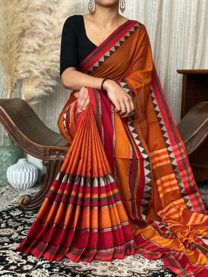 Mayaa Woven, Printed Handloom Cotton Blend Saree(Red)