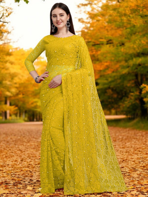 NORAFLEX Embroidered Bollywood Net Saree(Yellow)