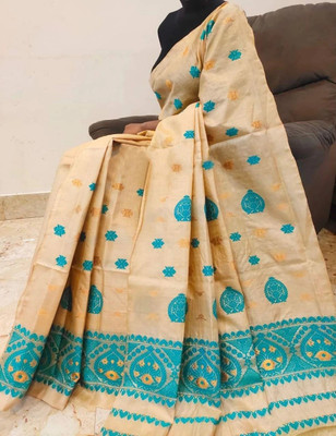 godhani enterprize Woven Mekhela Chador Jacquard Saree(Cream, Light Blue)