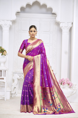 ROOP LAVANYA Woven Kanjivaram Jacquard, Cotton Silk Saree(Purple)