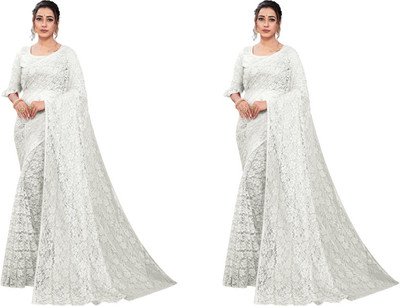 Fashion Field Self Design Bollywood Net Saree(Pack of 2, White)