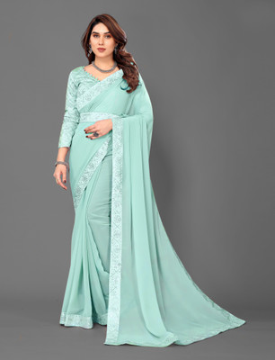 RUBEE FEB Solid/Plain, Embellished Bollywood Georgette Saree(Light Blue)