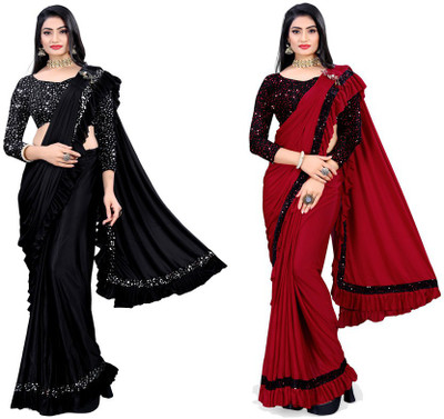 HARIOM FASHION Solid/Plain Bollywood Lycra Blend Saree(Pack of 2, Multicolor)