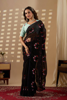 SILKORA Embroidered Bollywood Georgette Saree(Black)
