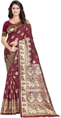 Houri Fab Woven, Embellished Banarasi Silk Blend Saree(Maroon)