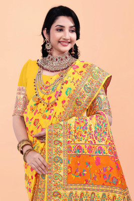 Wovenza Self Design, Woven Bollywood Cotton Blend, Semi-Pashmina Saree(Yellow)