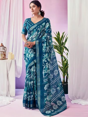 SareezaaStore Geometric Print Bollywood Cotton Linen Saree(Light Blue)