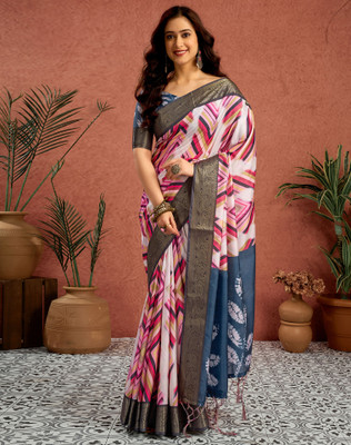 Tasrika Printed, Woven, Embellished Kalamkari Tussar Silk, Cotton Silk Saree(Multicolor)