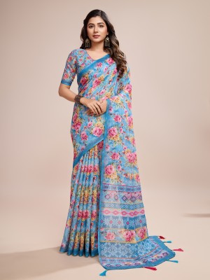 SHRIMAY Digital Print, Floral Print Bollywood Cotton Linen Saree(Multicolor, Light Blue)