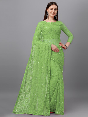 LOROFY Embellished Lucknow Chikankari Net, Lycra Blend Saree(Light Green)