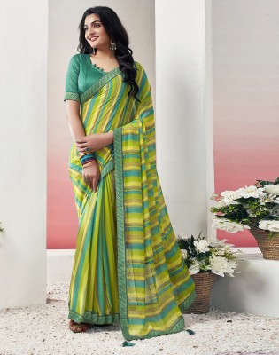 Divastri Geometric Print, Embellished Daily Wear Chiffon Saree(Green, Yellow, Blue)