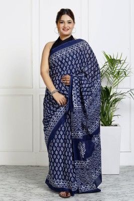 NIKHILAM Blocked Printed, Checkered, Printed, Dyed, Floral Print, Self Design, Digital Print Daily Wear Pure Cotton Saree(Blue, White)