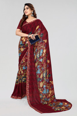 Nirvaan Floral Print Bollywood Georgette Saree(Maroon)
