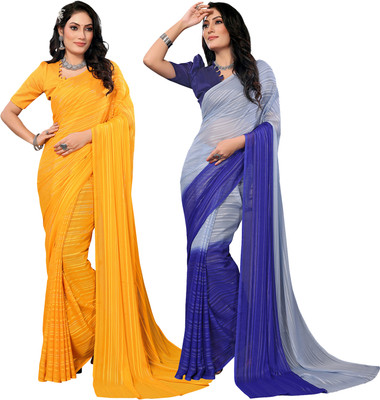 kashvi sarees Embellished Bollywood Satin Saree(Pack of 2, Yellow, Light Blue, Red)