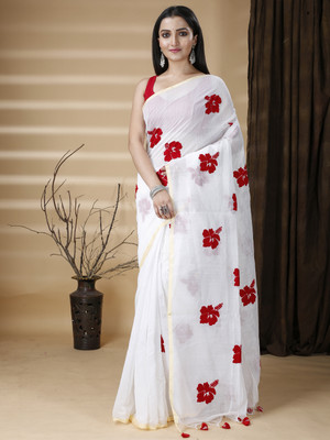Ruuprekha Embroidered Bollywood Cotton Blend Saree(White)