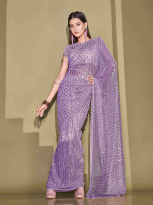 Ready To Wear By Tikhi Imli Embellished Bollywood Lycra Blend Saree(Purple)