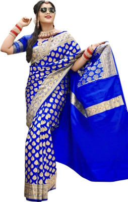 Royalsilk Woven Banarasi Silk Blend Saree(Blue, Beige)