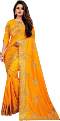 radheradhesales Embroidered Daily Wear Silk Blend Saree(Yellow)