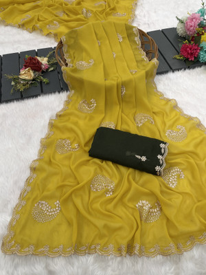 Ethina Fashion Embroidered Bollywood Georgette Saree(Yellow)