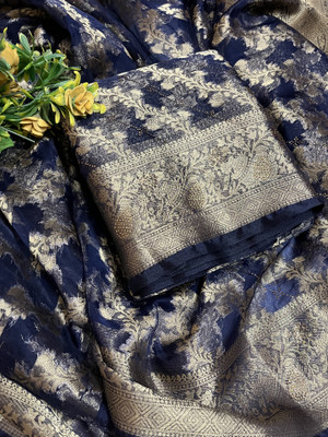 AYAAN SILK EMPORIUM Embroidered, Embellished Banarasi Handloom Organza Saree(Dark Blue)