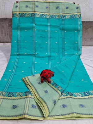 Sthaker Self Design Tant Pure Cotton Saree(Grey, Light Blue)