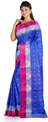 PRANATI ENTERPRISE Self Design Tant Pure Cotton Saree(Dark Blue, Brown)