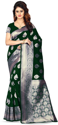 Flybird Fashion Woven Banarasi Jacquard Saree(Dark Green)
