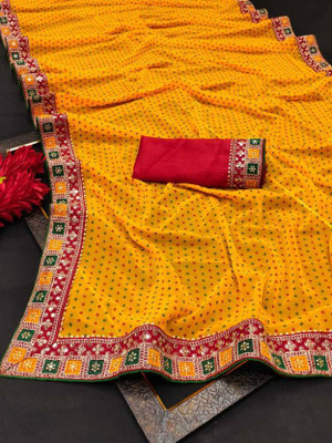 LAKHADATARI PRINTS Striped Leheria Georgette, Chiffon Saree(Yellow)