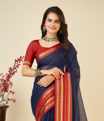 SICHYAH Woven Kota Doria Cotton Silk Saree(Dark Blue)
