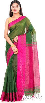 SAYAN CREATION Temple Border Handloom Cotton Blend Saree(Dark Green)