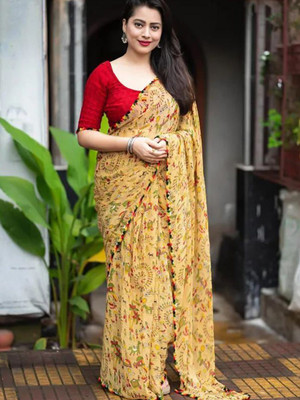 HERE&NOW Printed Banarasi Georgette Saree(Cream)