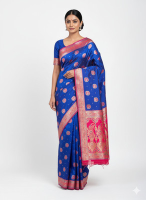 shiva industry Woven Banarasi Silk Blend Saree(Blue, Red)