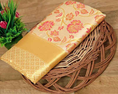 Anjaneya Sarees Woven Banarasi Silk Blend Saree(Red, Beige)