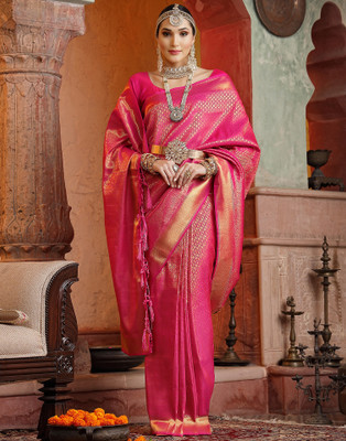Samah Woven, Embellished, Self Design Kanjivaram Art Silk Saree(Pink, Gold)