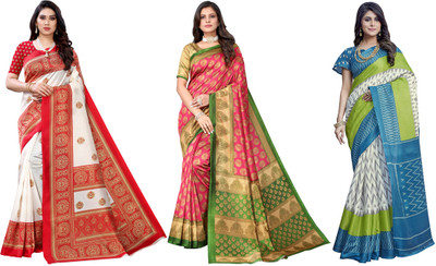 YASHIKA Printed, Woven Mysore Art Silk Saree(Pack of 3, Red, Pink, White, Blue)