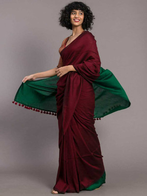 Sia Saree Bazaar Woven Handloom Pure Cotton Saree(Maroon)