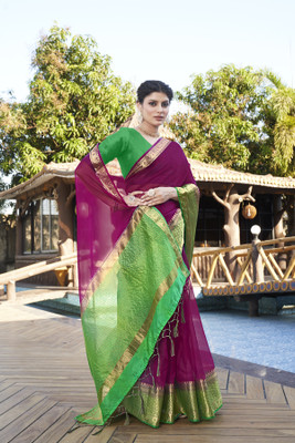 Aarunika SST Solid/Plain, Self Design Bollywood Organza Saree(Magenta, Green)