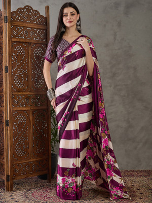 HouseOfCommon Paisley, Floral Print, Geometric Print, Digital Print Bollywood Silk Blend Saree(Purple, Cream)