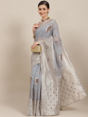 Sareemall Woven Banarasi Cotton Blend Saree(Blue)