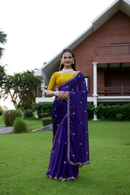 Tradivibe Solid/Plain Bollywood Jimmy choo Saree(Dark Blue)