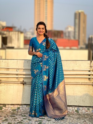 Tasrika Animal Print Bollywood Silk Blend Saree(Blue)