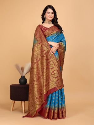 Pionex Woven Banarasi Cotton Silk Saree(Light Blue)