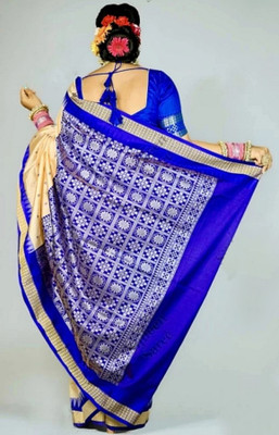 Shadan mart Woven Sambalpuri Handloom Art Silk Saree(Cream, Blue)