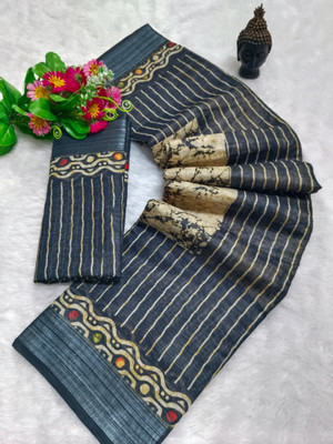HangerStories Woven Bollywood Pure Cotton, Cotton Linen Saree(Blue, Beige)