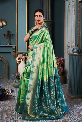 Moda Rapido Woven Banarasi Silk Blend Saree(Green)