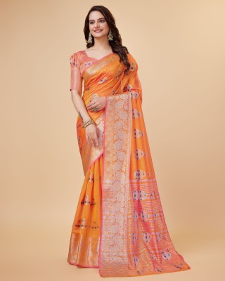 Pervas Woven, Embroidered Kanjivaram Organza, Cotton Silk Saree(Orange)